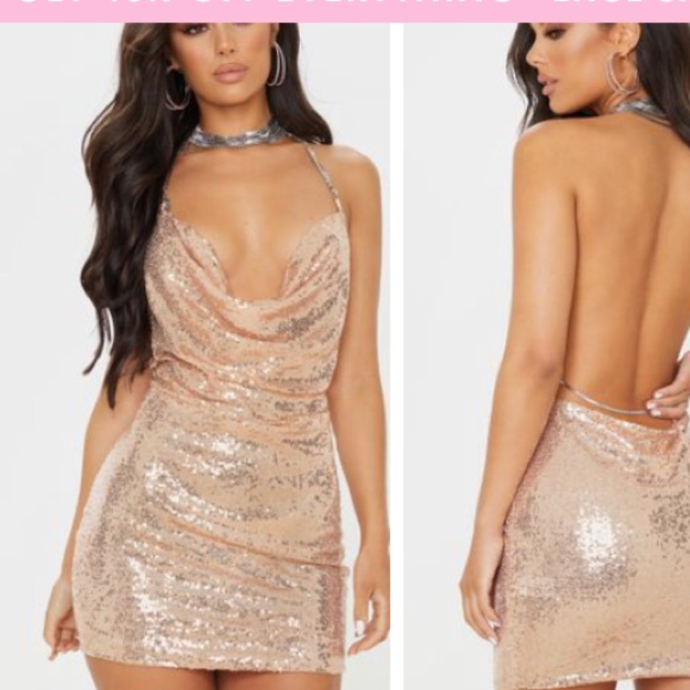 PrettyLittleThing Rose Gold Sequin Mini Dress